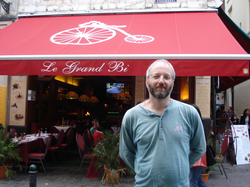 Ian in front of a Brussels restaurant called Le Grand Bi